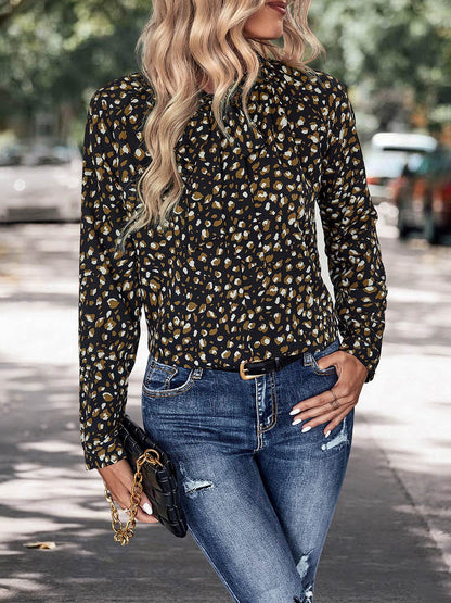 Perfee Printed Tie Neck Long Sleeve Top Trendsi 517318a5e76a4577881e0f5acf4ac061-Max