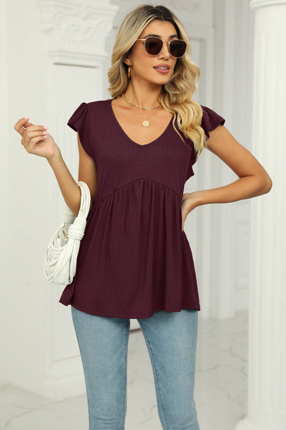 V-Neck Flutter Sleeve Babydoll Blouse Trendsi 517337df36c64bb0abce2bd386d83ddd-Max