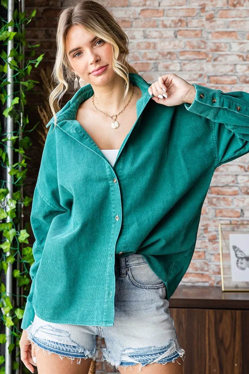 First Love Washed Corduroy Button Down Long Sleeve Shirt Green Trendsi 5192a728-2cca-4018-90dd-389b90a8900e-Max