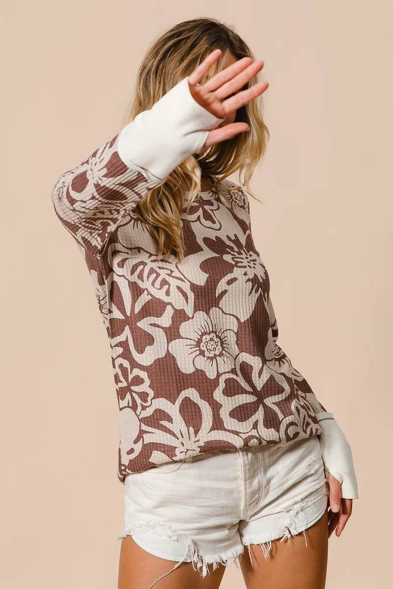 BiBi Flower Printed Waffle Thumb Opening Top Trendsi 51bae116f18d40d3b10cd84243c1abd2-Max-Origin