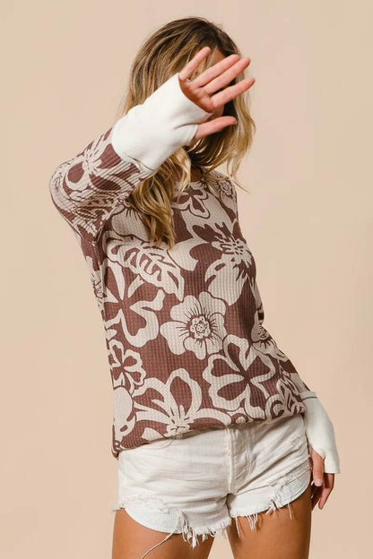 BiBi Flower Printed Waffle Thumb Opening Top Trendsi 51bae116f18d40d3b10cd84243c1abd2-Max-Origin