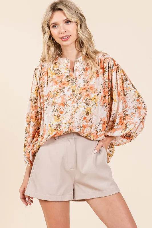 Mittoshop Flower Print Batwing Sleeve Button Down Blouse Ginger Trendsi 51c2283c-ddf9-4af7-ba9b-277e3a3c002c-Max