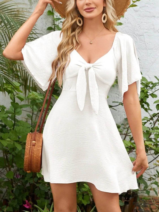 Smocked Back Knotted Flutter Sleeve Dress White Trendsi 51d78842-09a0-4040-8a75-be012dc50d70-Max-Origin