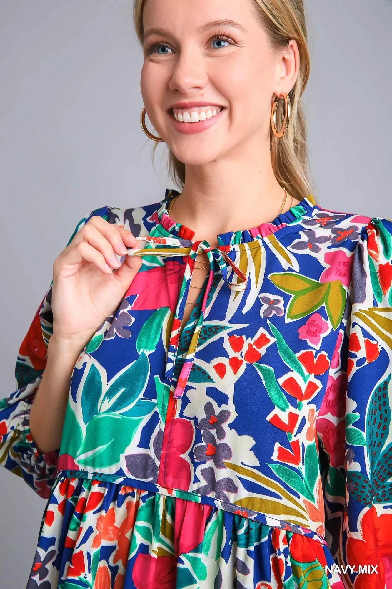 Umgee Floral Print Tie Neck Midi Dress with Pockets Trendsi 51e08fef-8f69-4d50-9661-30fe23797fb0-Max-Origin