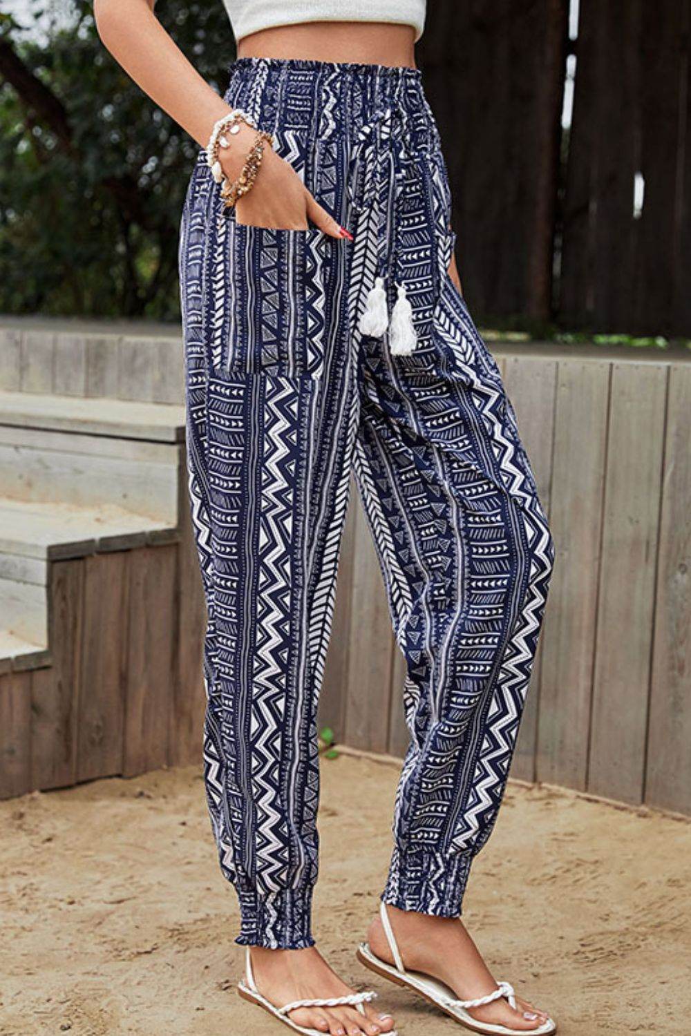 Perfee Geometric Print Tassel High-Rise Pants Trendsi 51f0235bb1d745ad80815e7d3774b76a-Max