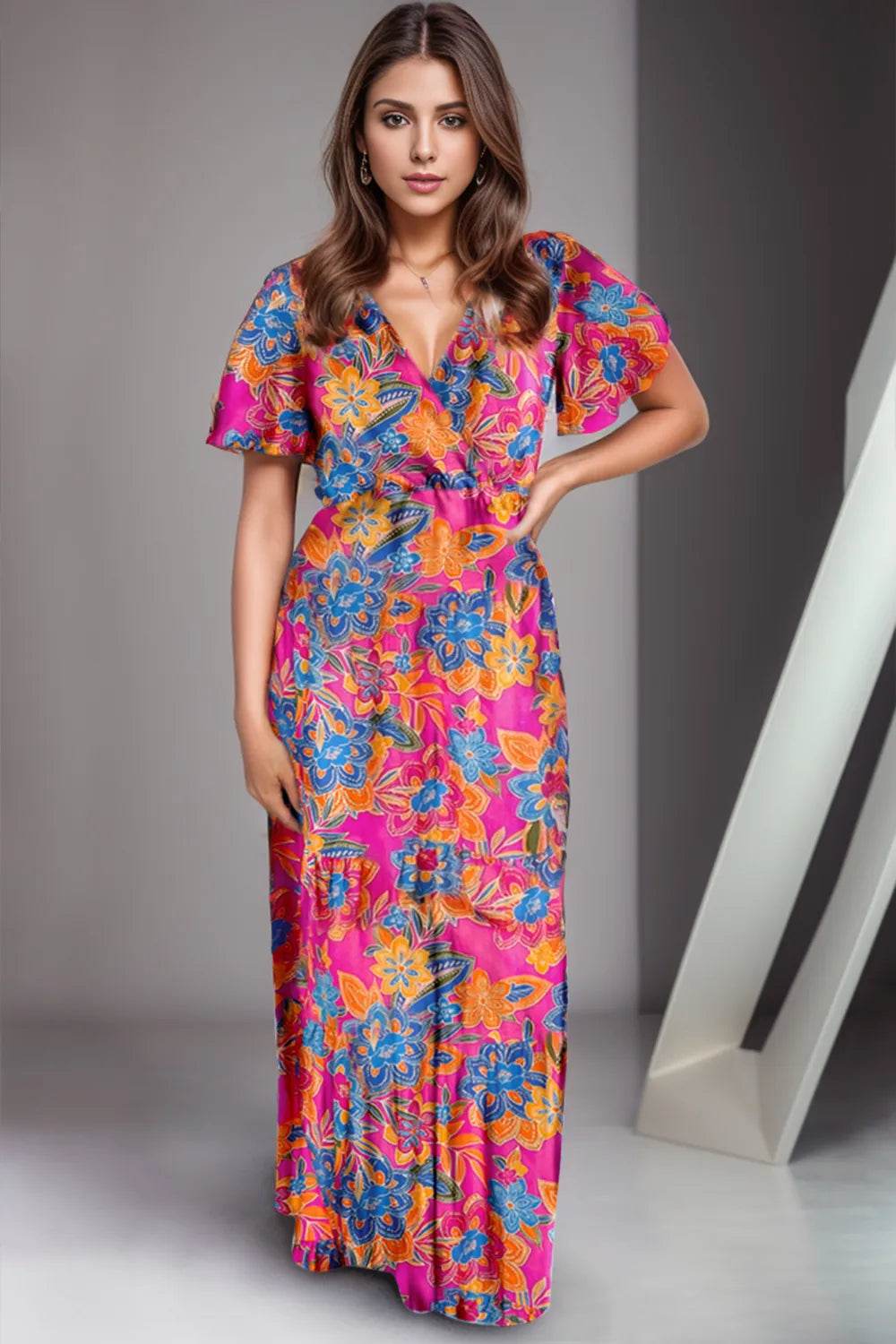 Printed Surplice Short Sleeve Maxi Dress Trendsi 51f33517-99a1-4f7e-9741-6961791a520d-Max