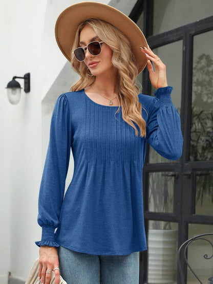 Smocked Round Neck Lantern Sleeve Blouse Trendsi 51f414f7ebc4455fb279502db9d88c8e-Max