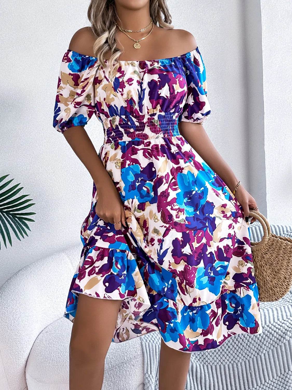 Ruffled Hem Smocked Floral Short Sleeve Midi Dress Trendsi 520401e2-f40e-49be-b57d-6effd43a00c8-Max-Origin