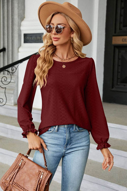 Round Neck Flounce Sleeve Blouse Burgundy Trendsi 5206c47483b4483fb146d2a96292374f-Max