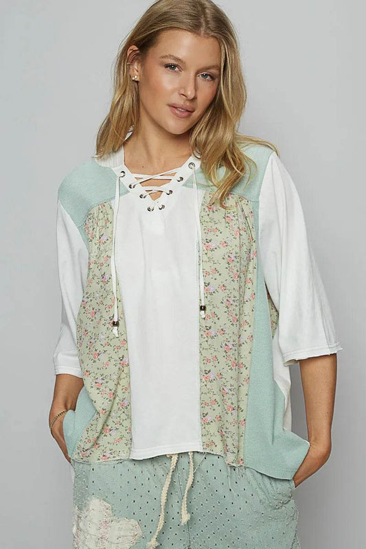 POL Lace-Up Hooded T-Shirt with Paisley Panel Detail Light Green Trendsi 521697a5-7904-491d-a3fd-ae6c37660189-Max-Origin