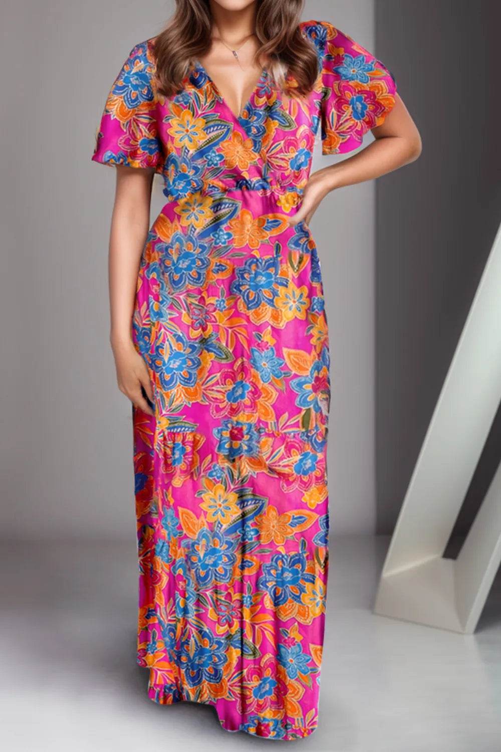 Printed Surplice Short Sleeve Maxi Dress Multicolor Trendsi 52194806-2a3a-45ff-bcec-90f0eeb553cb-Max