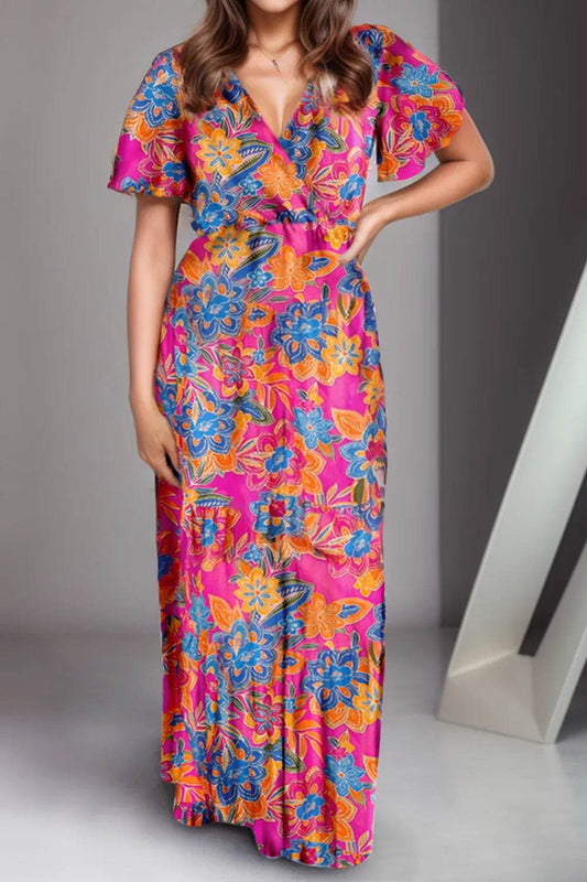 Printed Surplice Short Sleeve Maxi Dress Multicolor Trendsi 52194806-2a3a-45ff-bcec-90f0eeb553cb-Max