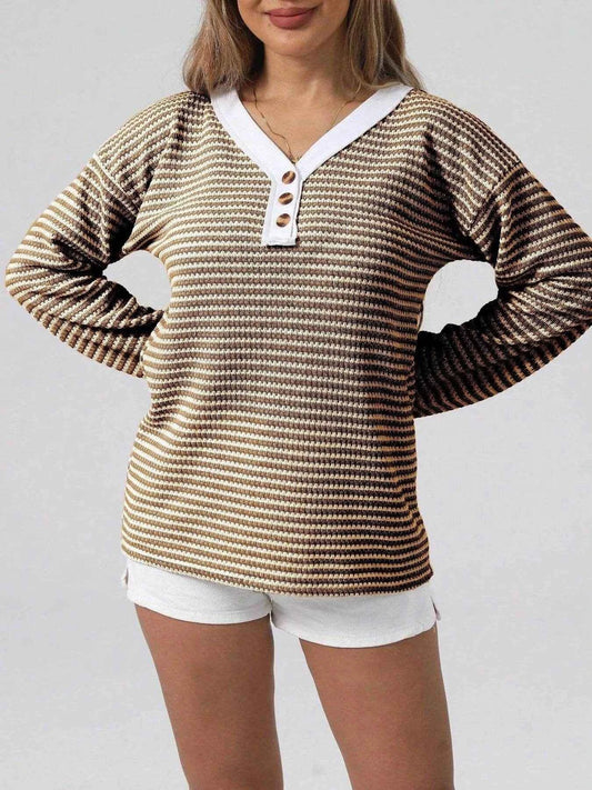 Striped Button Detail Long Sleeve Top Coffee Brown Trendsi 522318a5808a4bc3a8b9ed8b7380d491-Max-Origin