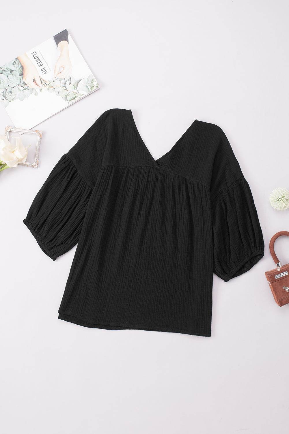 Dropped Shoulder V-Neck Blouse Trendsi 523583655f294022a5683ae2a99d875d-Max