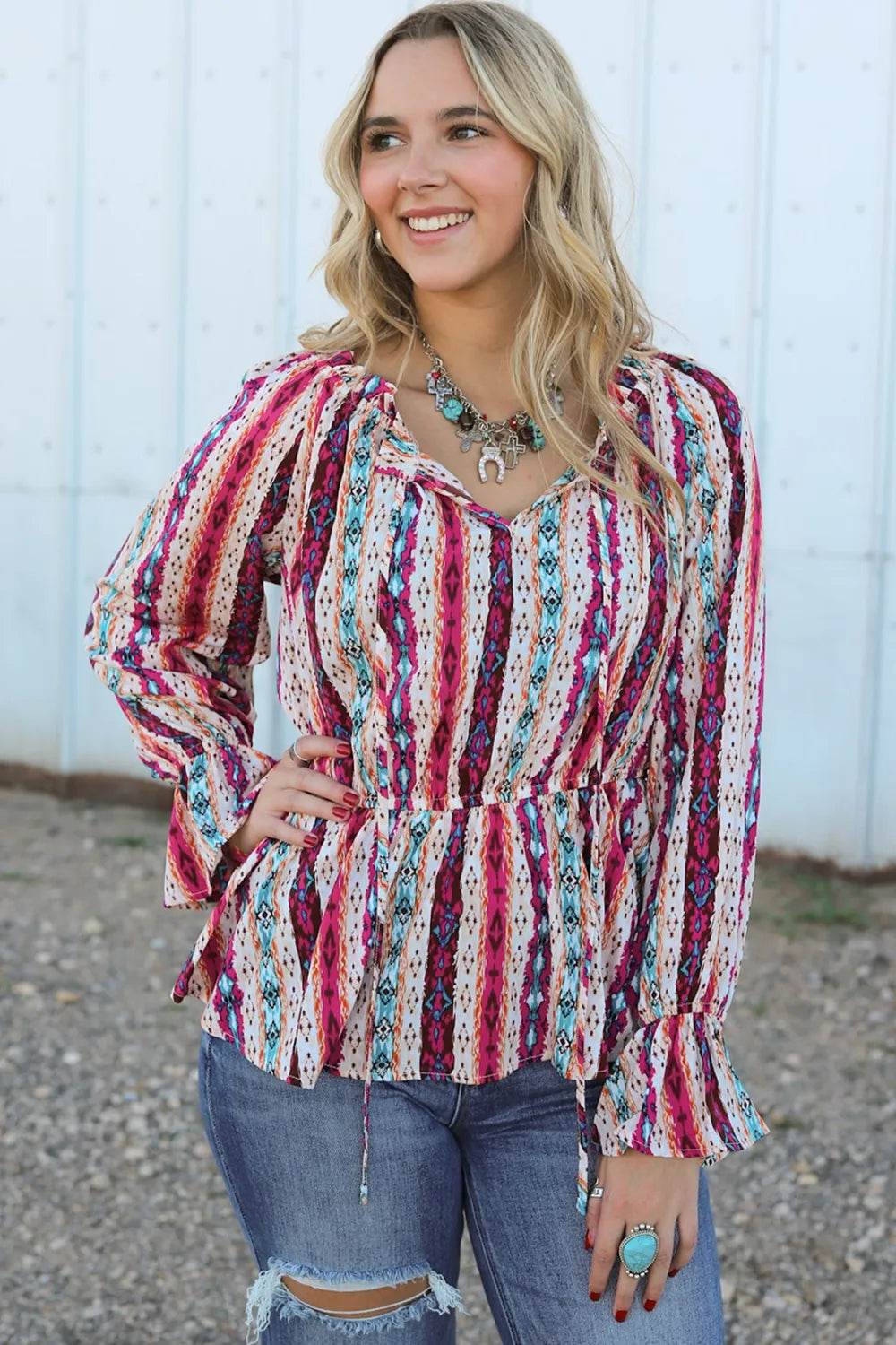 Multicolour Western Print Split Neck Peplum Blouse Multicolor Trendsi 5248f3eb81ac48d2a2af4ff9de301a27-Max