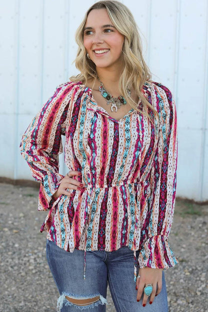Multicolour Western Print Split Neck Peplum Blouse Multicolor Trendsi 5248f3eb81ac48d2a2af4ff9de301a27-Max