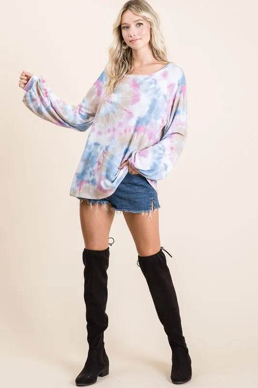 BiBi Tie Dye Print Terry Top With Puff Sleeves Trendsi 526182095b154bd9bc43059984438d29-Max-Origin