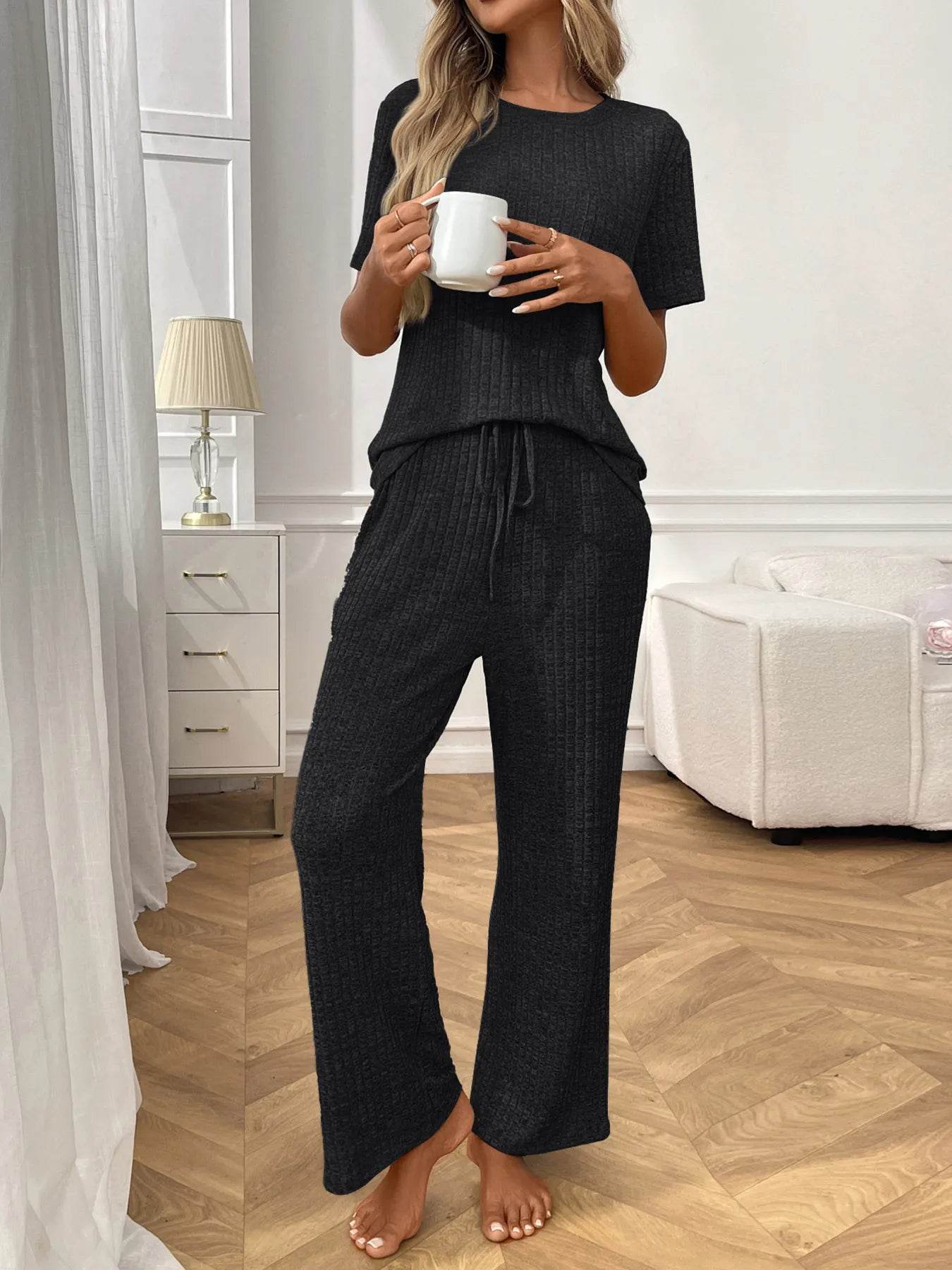 Ribbed Knit Short Sleeve Top and Pants Lounge Set Trendsi 5283811edbb74f828f6b8d17d3eb0127-Max-Origin