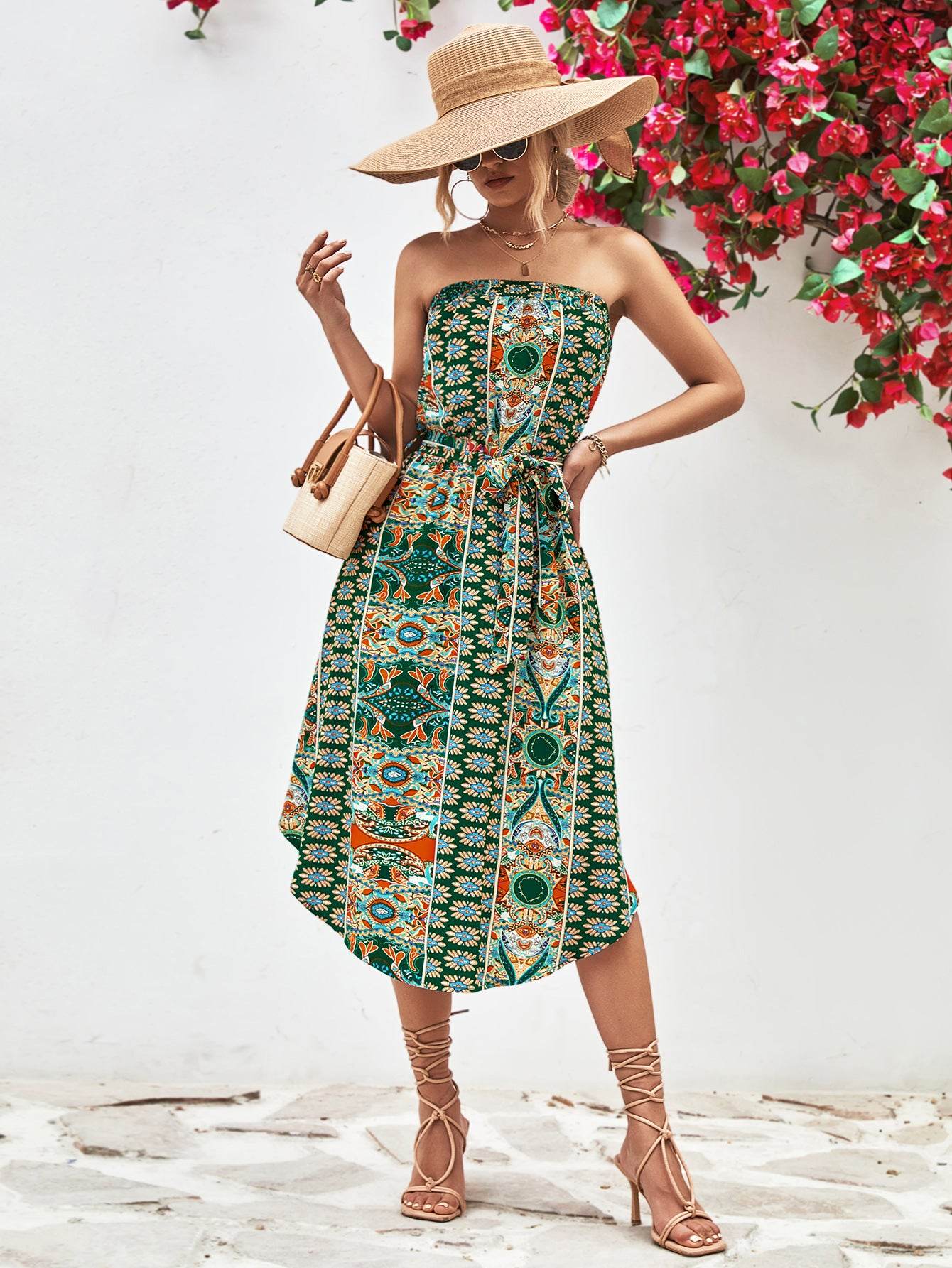 Printed Strapless Tie Belt Dress Trendsi 52a054d9771b45bbbae5c263fcb6290a-Max