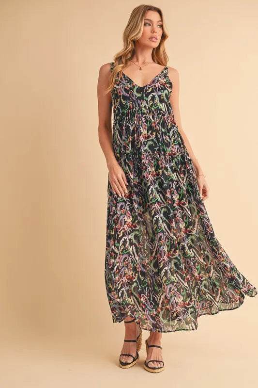 Aemi + Co Printed V-Neck Frill Tiered Cami Dress Trendsi 52ede0c1-aeef-46ef-b257-88f5d4476f98-Max