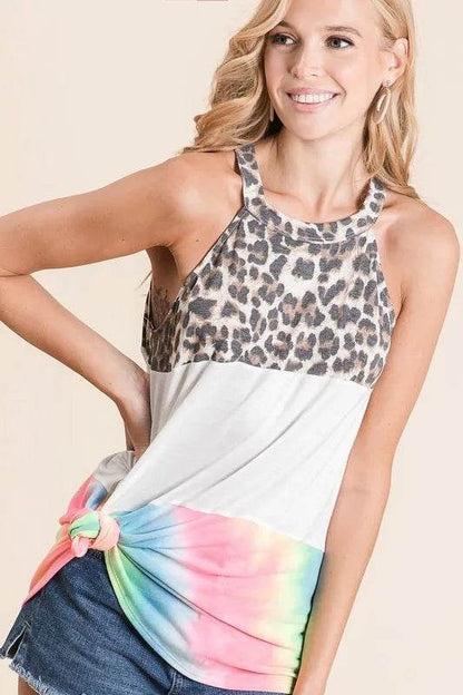 BiBi Leopard and Tie Dye Block Halter Neck Top Trendsi 5317f1e9c6c34bfb9e5a18a0deaf2a1b-Max-Origin