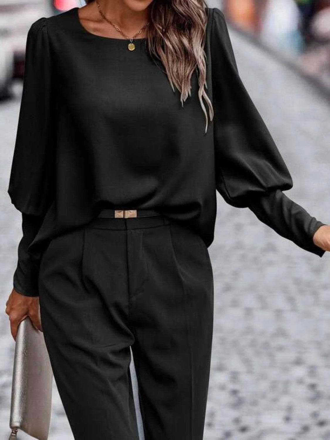 Round Neck Lantern Sleeve Blouse Trendsi 53437a0374e741328a6c48992aa1223d-Max