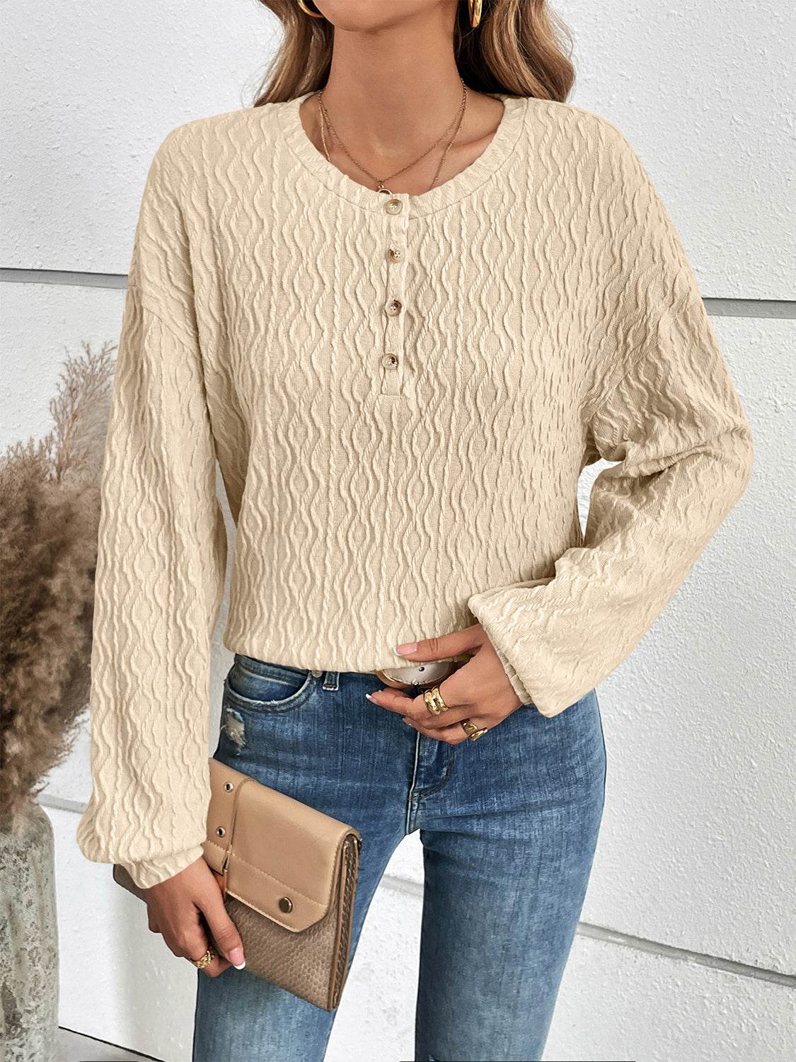 Ivy Lane Half Button Long Sleeve Top Trendsi 5357435e4f9b42cfaa85d7b9b1633dbf-Max