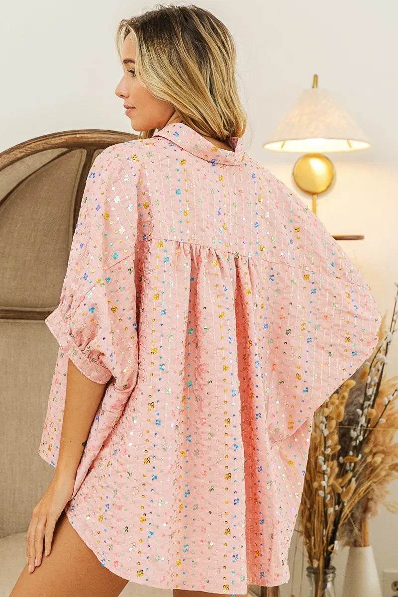 BiBi Sequin Striped Short Dolman Sleeve Blouse Trendsi 535aa52e17314e8683c998e0edf3174f-Max-Origin