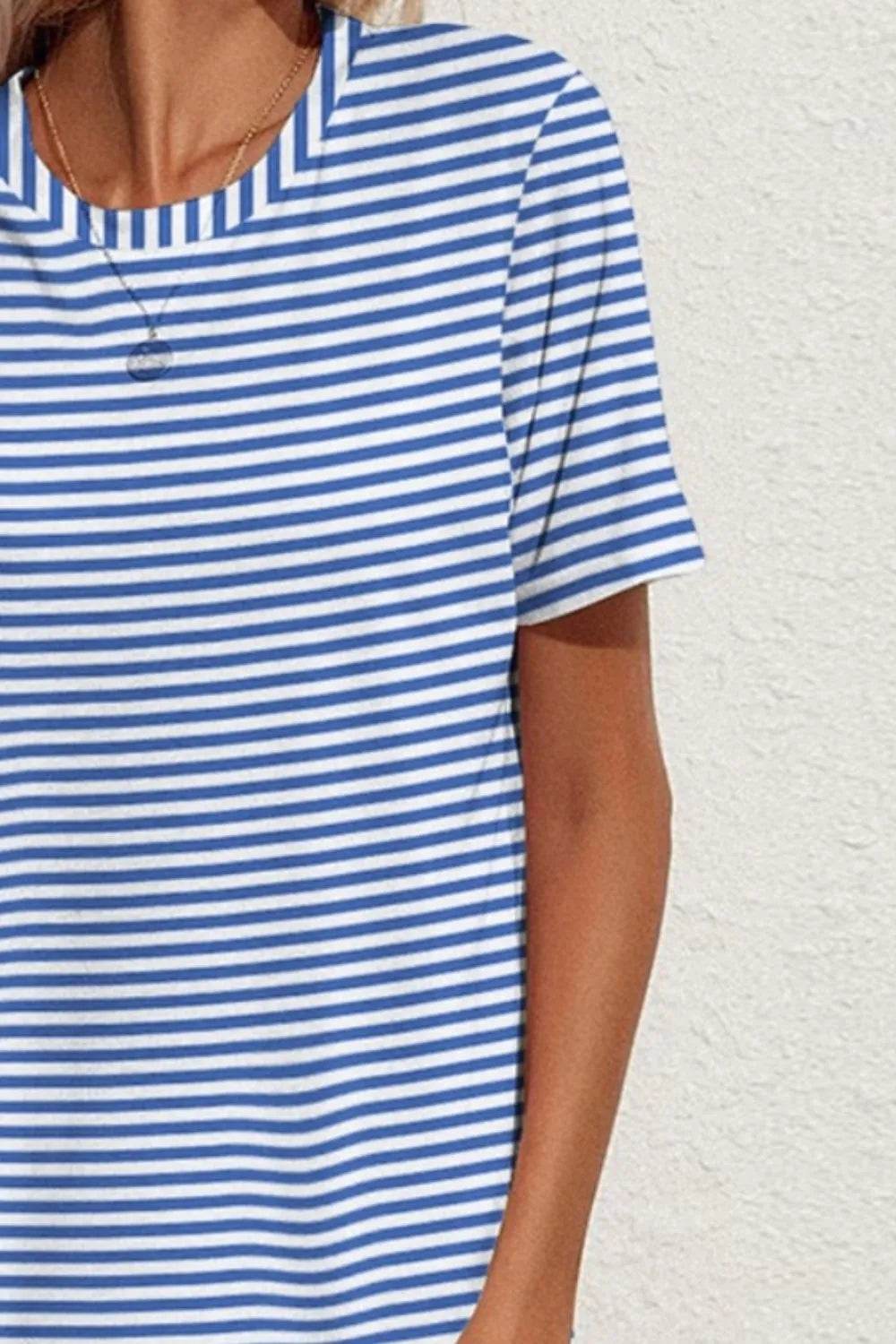 FAM-FAM Pocketed Striped Round Neck Short Sleeve Dress Trendsi 537e7b33-4152-405f-a868-726eb6fac3e9-Max