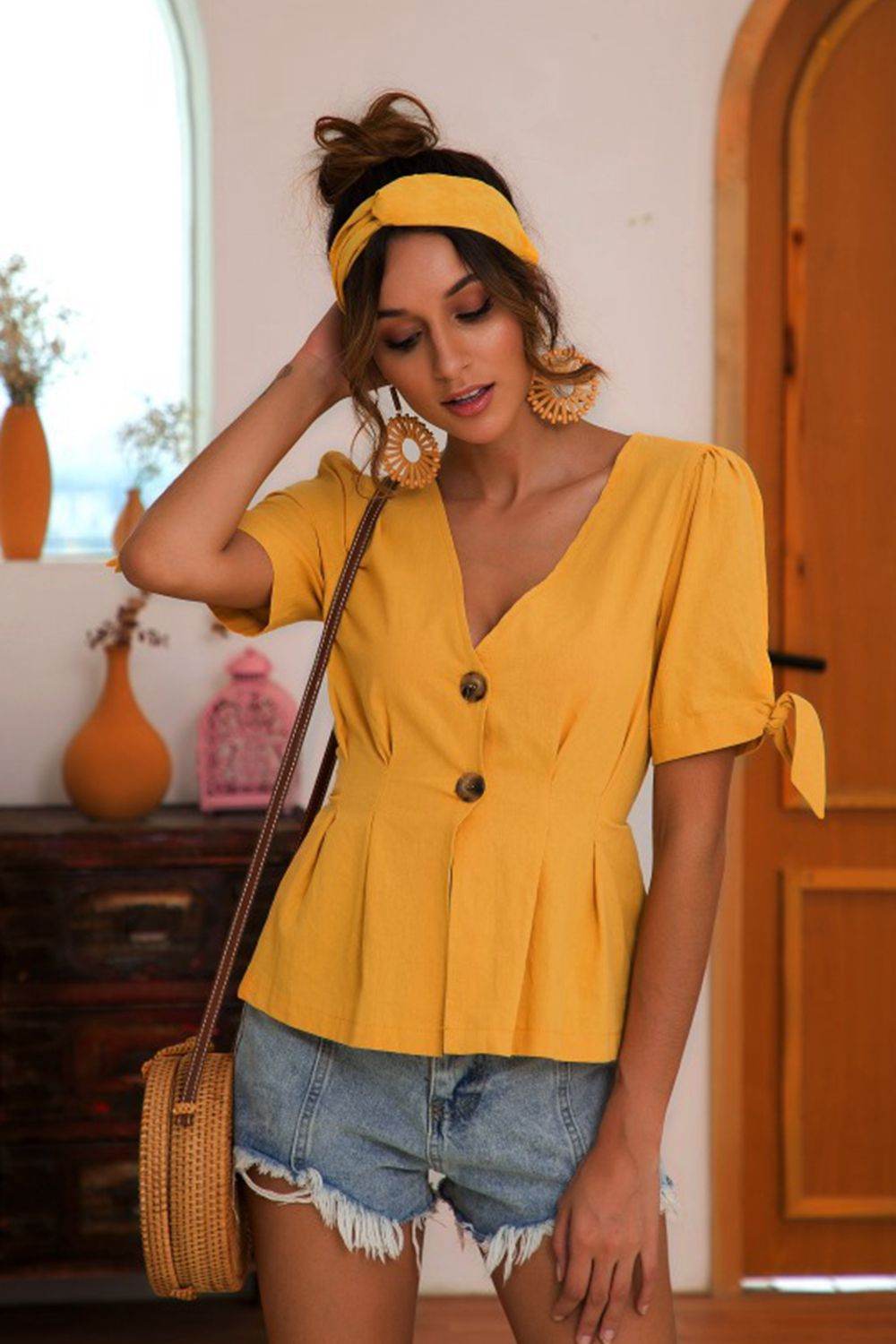 Buttoned V-Neck Short Sleeve Blouse Gold Trendsi 538fd6d540c449c292c5b58a25582c9b-Max
