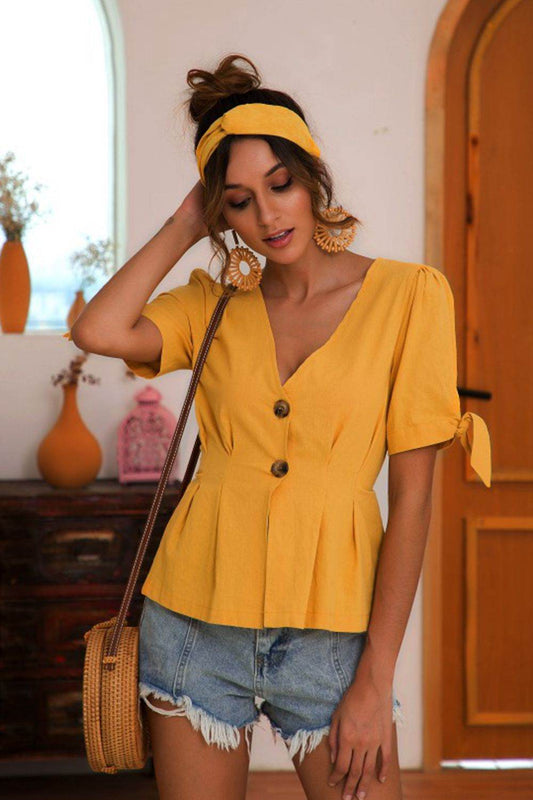 Buttoned V-Neck Short Sleeve Blouse Gold Trendsi 538fd6d540c449c292c5b58a25582c9b-Max