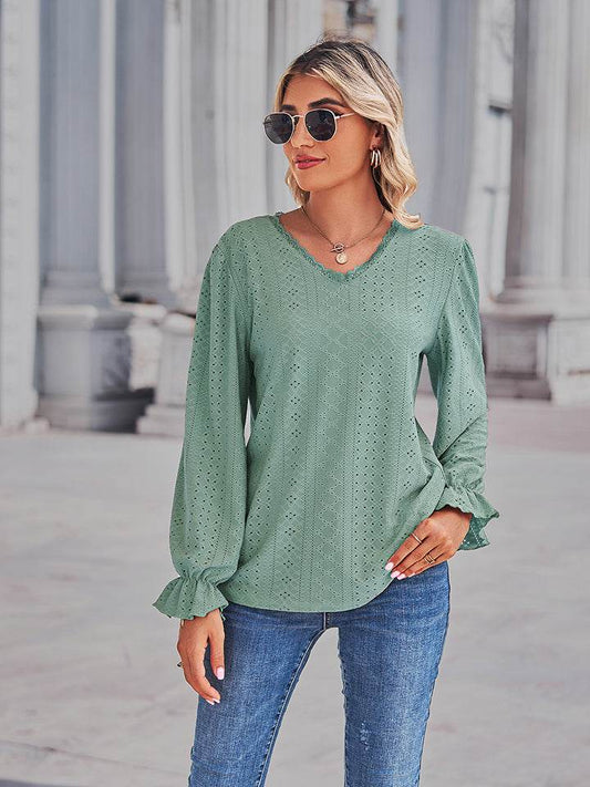 Eyelet V-Neck Flounce Sleeve Blouse Gum Leaf Trendsi 539537c90cb84a598620e9ca8a4f0748-Max