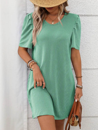 Textured Round Neck Short Sleeve Mini Dress Gum Leaf Trendsi 53bb1db4-867c-4c64-aa9c-58d7f3045a07-Max