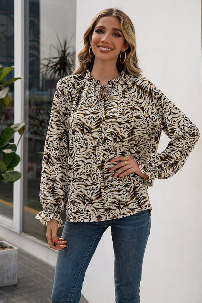 Ivy Lane Printed Tie Neck Frill Trim Flounce Sleeve Blouse Trendsi 53e4f562ce4740d1a25e384403043729-Max