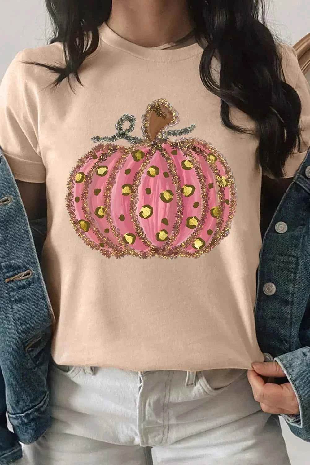 Pumpkin Round Neck Short Sleeve T-Shirt Tan Trendsi 53f19be3-b38a-4781-8e3b-8d0c624357d8-Max