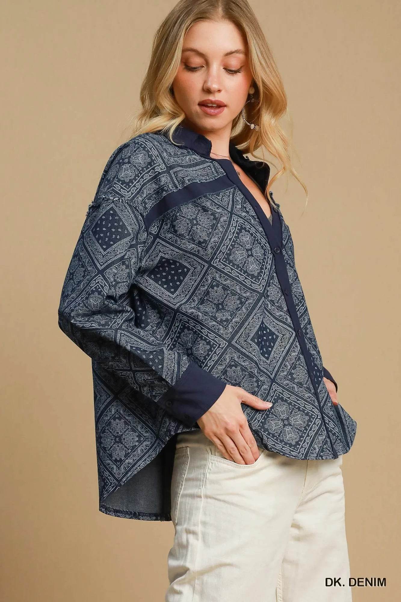 Umgee Paisley Print Denim Shirt Jacket Trendsi 5419aee2-9290-4d5f-835c-83c9341d5e79-Max-Origin