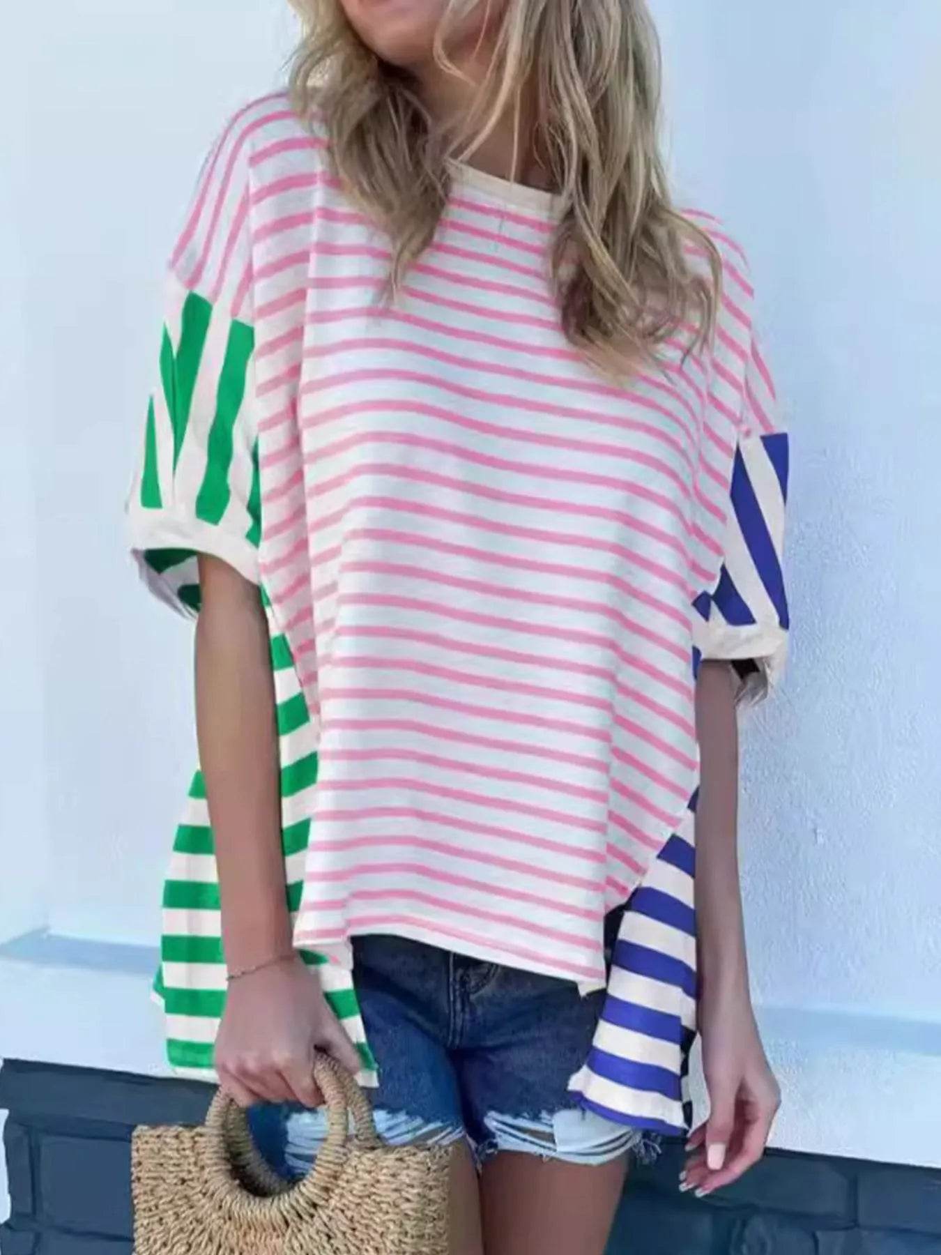 Colorful Striped Oversized T-Shirt Pink Trendsi 542b864a-bae8-418b-8560-a9ec04575c3b-Max-Origin