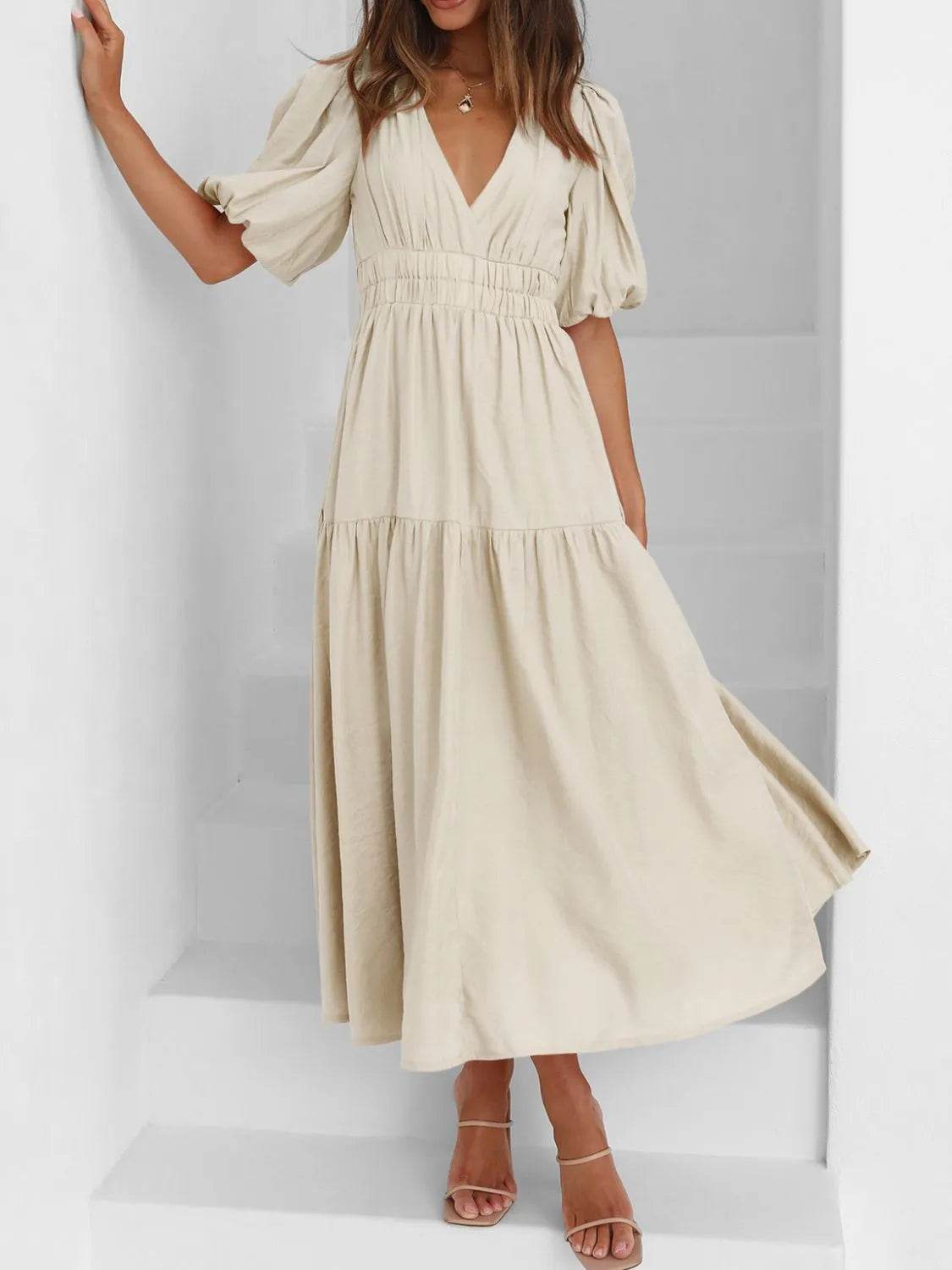 V-Neck Puff Sleeve Midi Dress Trendsi 542fb8b0-cb5c-4182-b748-5d02bf57300b-Max-Origin