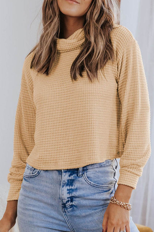 Waffle-Knit High Neck Top Beige Trendsi 5440462cd01e45bc9c3244f5b82bcc35-Max