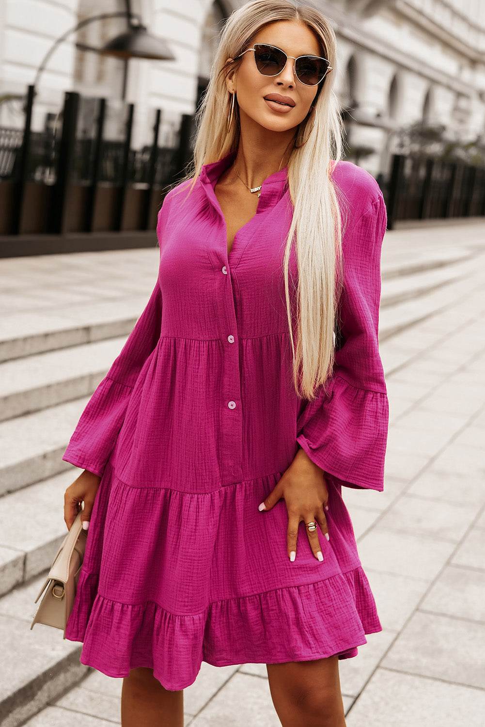 Buttoned Flare Sleeve Tiered Dress Deep Rose Trendsi 545b43da0f44438189ad023992d101bf-Max