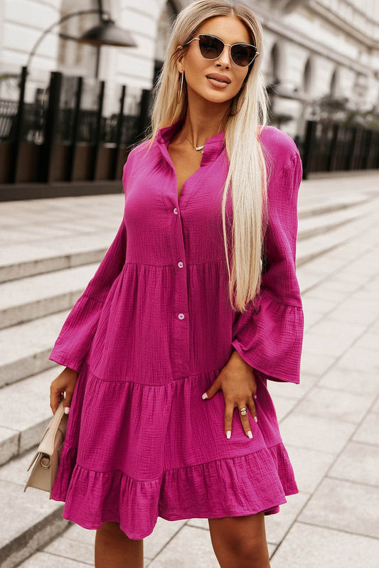 Buttoned Flare Sleeve Tiered Dress Deep Rose Trendsi 545b43da0f44438189ad023992d101bf-Max