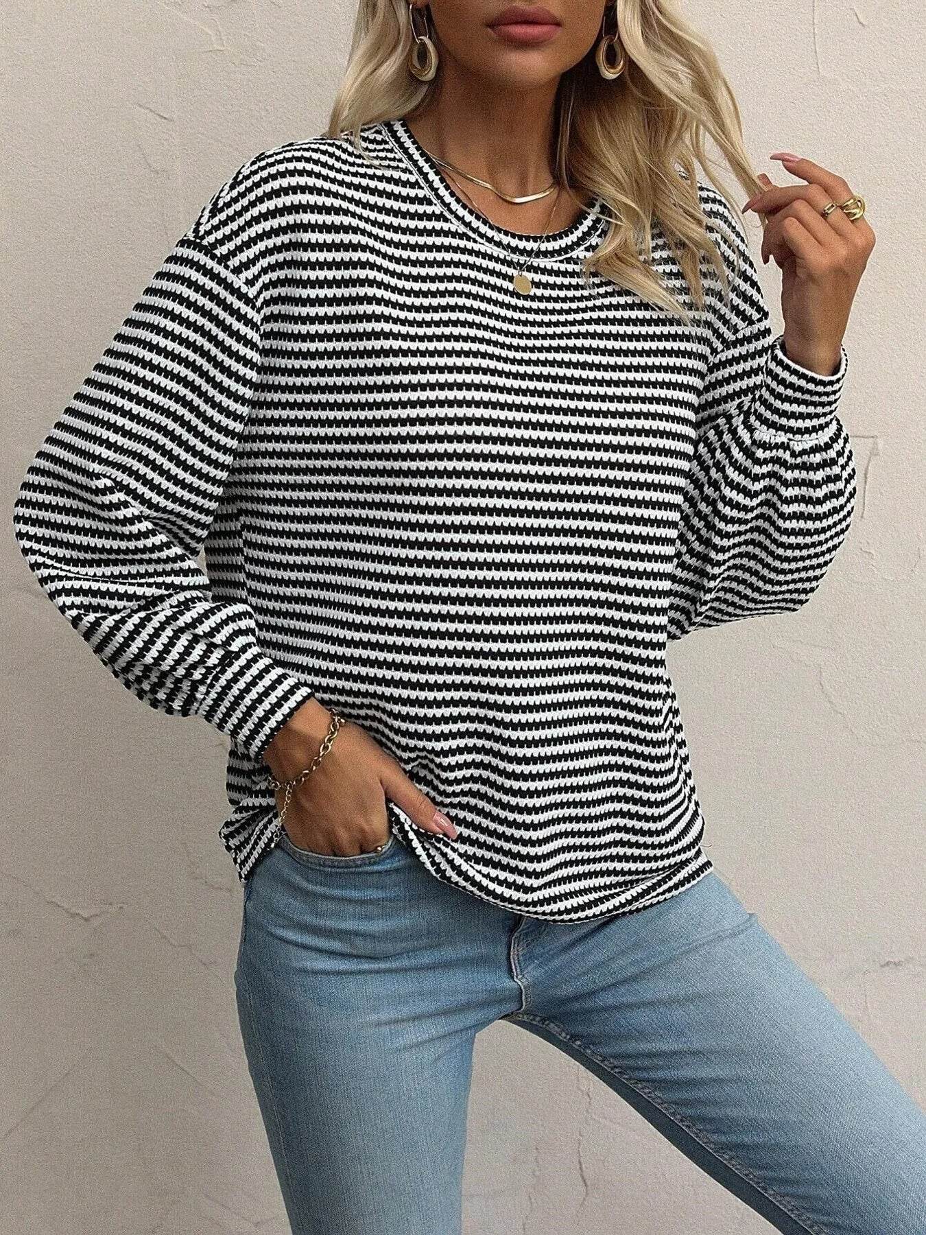Striped Round Neck Lantern Sleeve Top Trendsi 545e29092b0f4f45ba40eb431c4fa1f1-Max-Origin