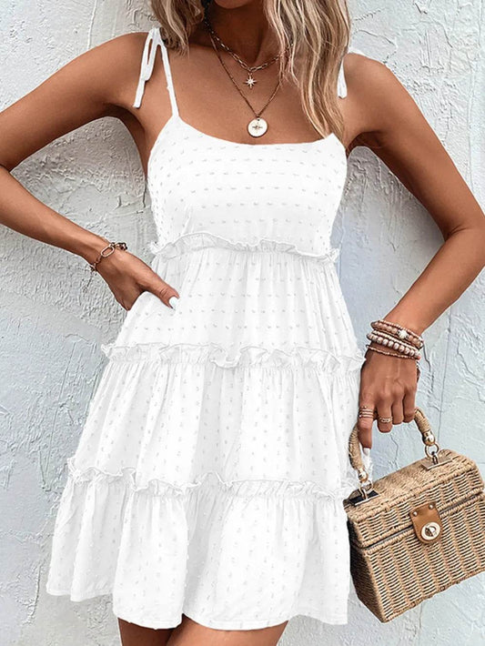 Shiny Frill Spaghetti Strap Tiered Dress White Trendsi 54eb6087-9ca8-419c-9964-2b17195dab59-Max