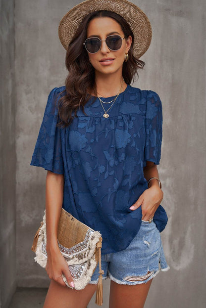 Round Neck Puff Sleeve Blouse Peacock Blue Trendsi 54ece4388e2f4c5faef3943f978badc8-Max