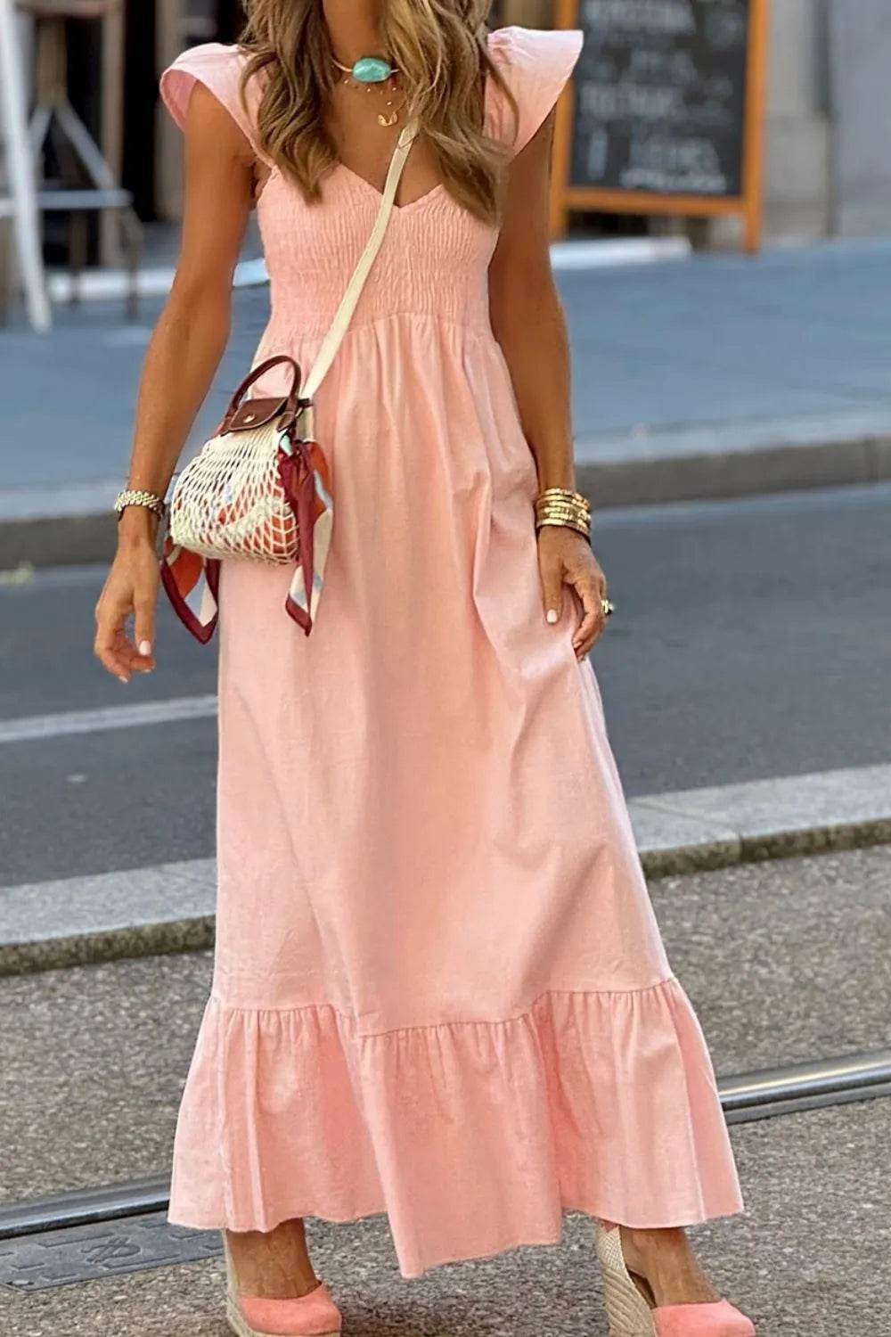 V Neck Ruffled Cap Sleeve Smocked Maxi Dress Trendsi 54efc4cb-e989-41f3-9dd6-b279acab6e09-Max-Origin