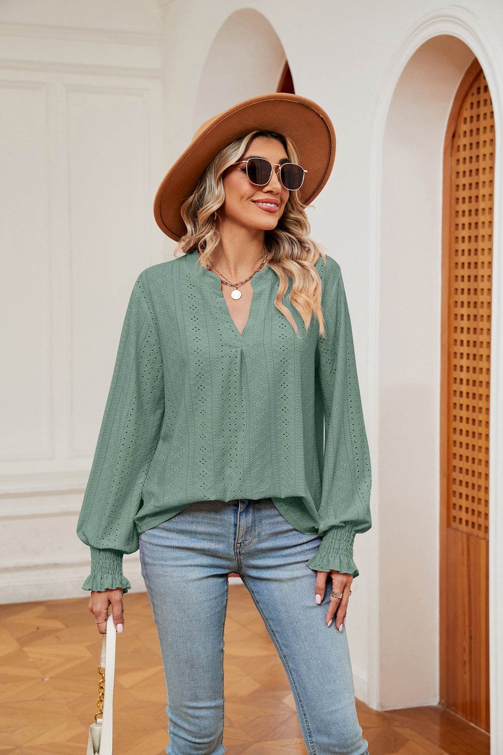Notched Neck Flounce Sleeve Blouse Trendsi 54fb7ee4160840e4a9ecac9dade41f4e-Max