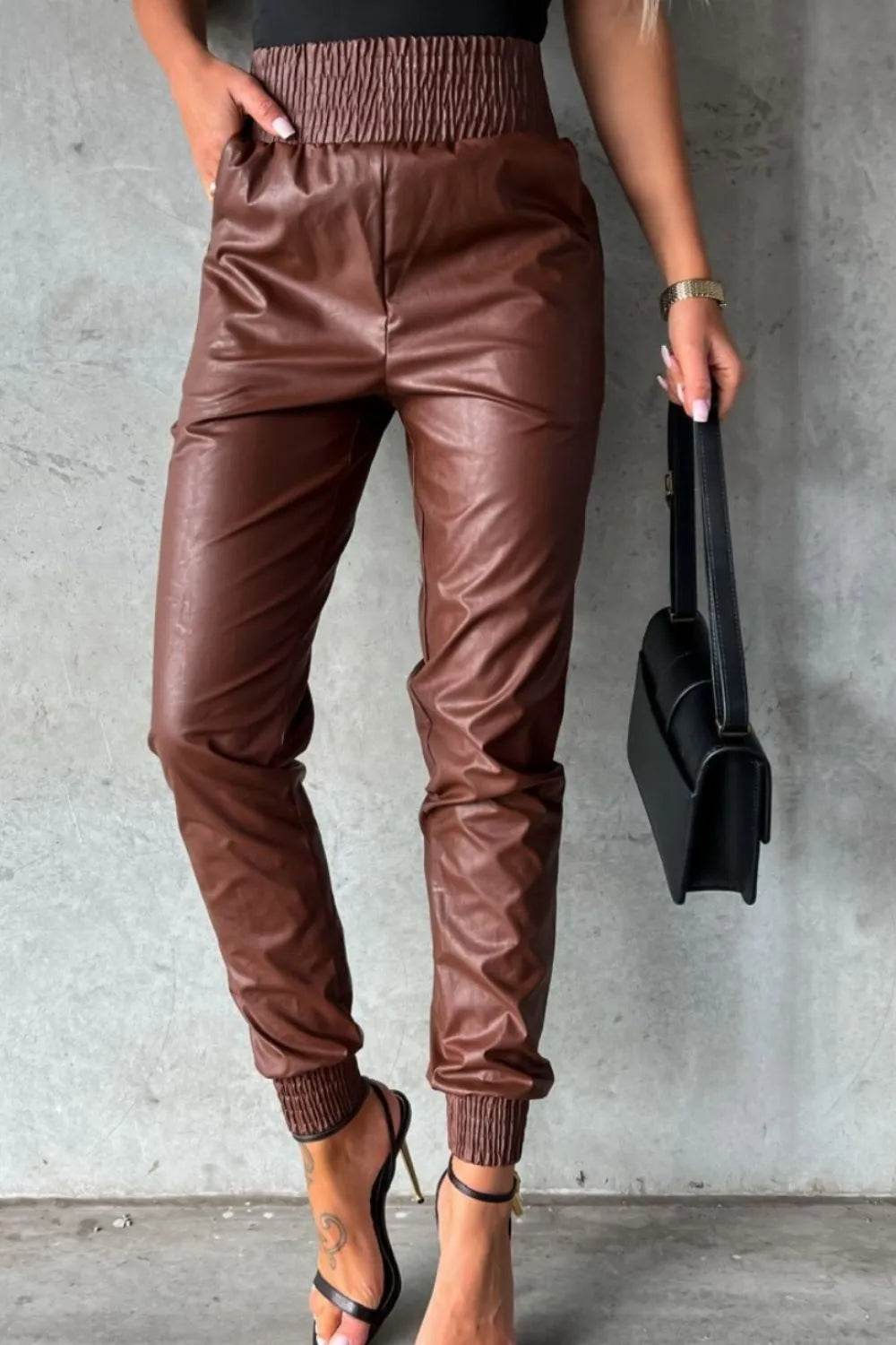 Smocked High Waist Pants with Pockets Brown Trendsi 54feb112-f600-43d6-a560-dedd959c313c-Max