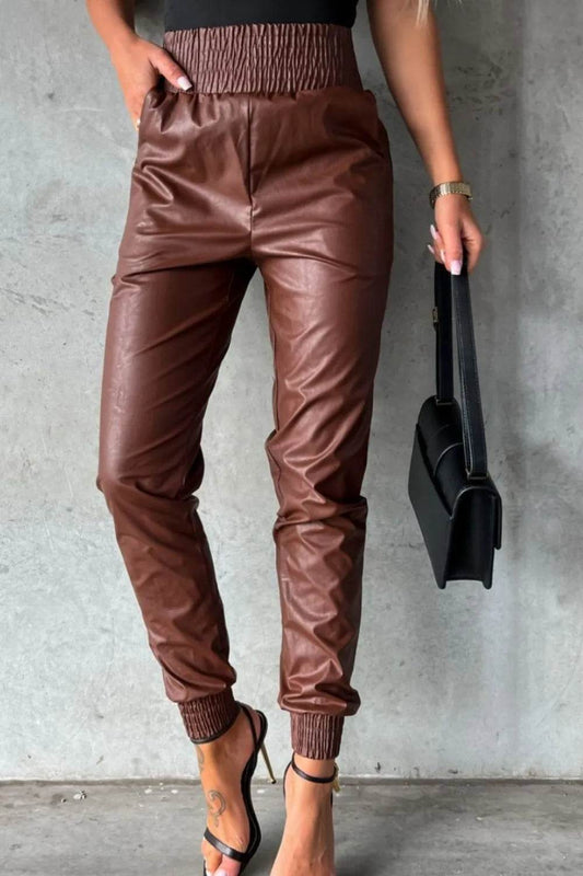 Smocked High Waist Pants with Pockets Brown Trendsi 54feb112-f600-43d6-a560-dedd959c313c-Max