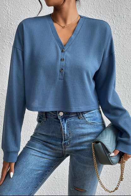 Ivy Lane Cropped V-Neck Raglan Sleeve Buttoned Blouse Trendsi