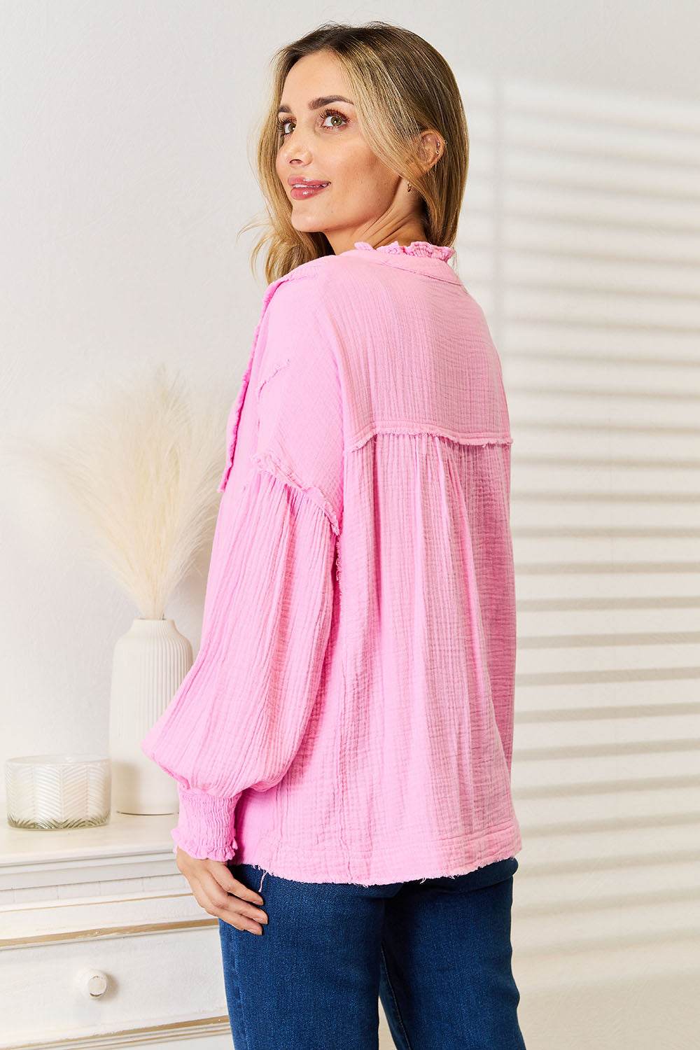 Double Take Exposed Seam Buttoned Notched Neck Blouse Trendsi 55422958474c46579ae731170bf64527-Max